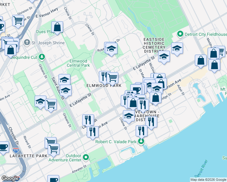 map of restaurants, bars, coffee shops, grocery stores, and more near 700 Chene Street in Detroit