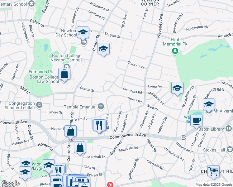 map of restaurants, bars, coffee shops, grocery stores, and more near 85 Stuart Road in Newton