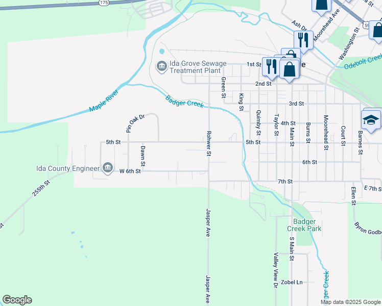 map of restaurants, bars, coffee shops, grocery stores, and more near 1009 Twin Pine Drive in Ida Grove