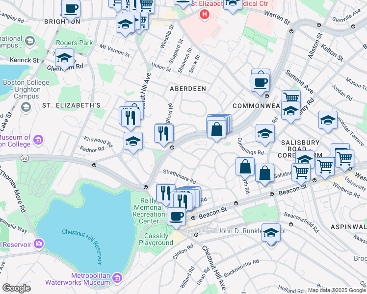 map of restaurants, bars, coffee shops, grocery stores, and more near 1758 Commonwealth Avenue in Boston