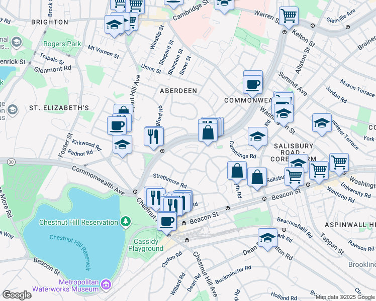 map of restaurants, bars, coffee shops, grocery stores, and more near 98 Lanark Road in Boston