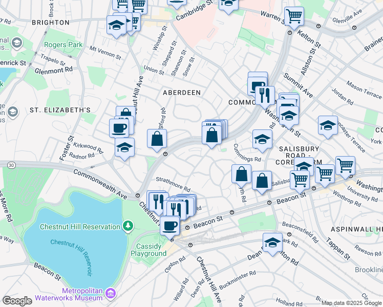 map of restaurants, bars, coffee shops, grocery stores, and more near 98 Lanark Road in Boston