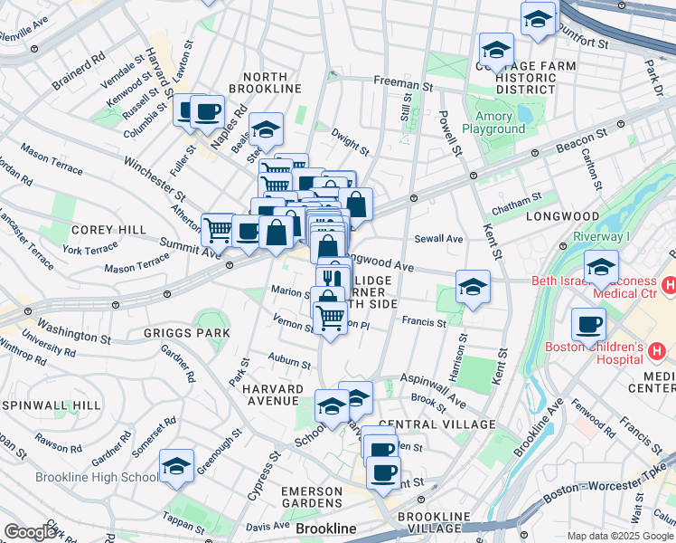 map of restaurants, bars, coffee shops, grocery stores, and more near in Brookline