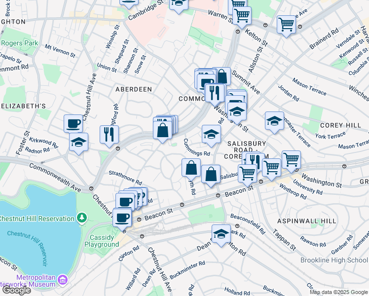 map of restaurants, bars, coffee shops, grocery stores, and more near 36 Cummings Road in Boston