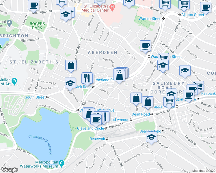 map of restaurants, bars, coffee shops, grocery stores, and more near 98 Lanark Road in Boston
