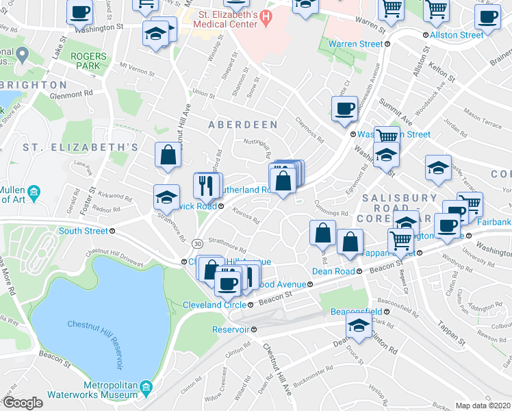 map of restaurants, bars, coffee shops, grocery stores, and more near 113-115 Lanark Road in Boston