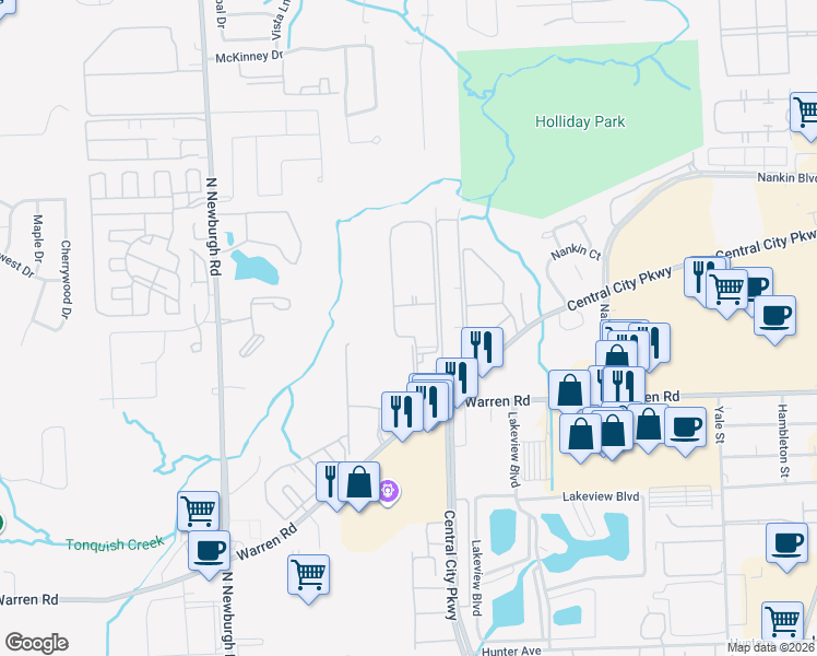 map of restaurants, bars, coffee shops, grocery stores, and more near 7344 Drew Circle in Westland