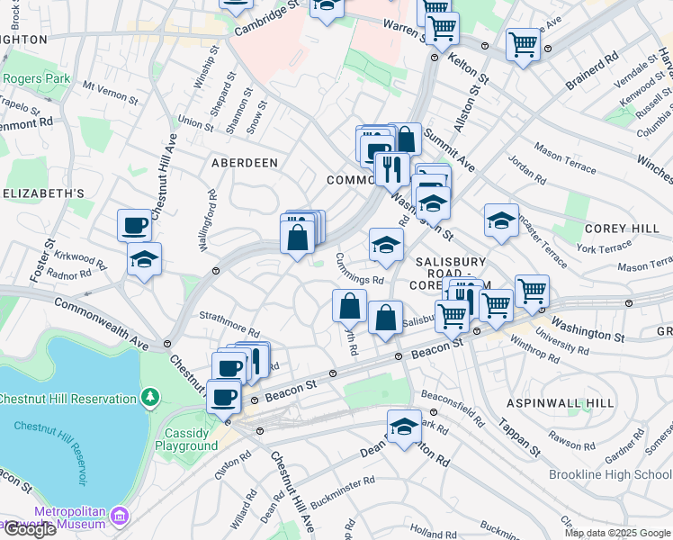 map of restaurants, bars, coffee shops, grocery stores, and more near 36 Cummings Road in Boston