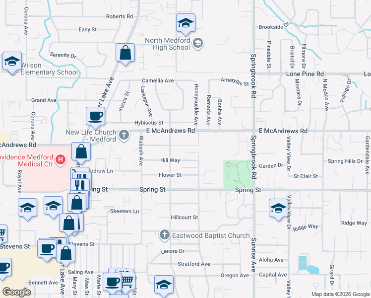 map of restaurants, bars, coffee shops, grocery stores, and more near 2245 Hill Way in Medford