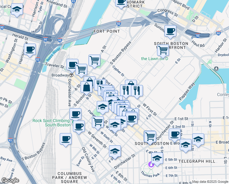 map of restaurants, bars, coffee shops, grocery stores, and more near 120 Bolton Street in Boston