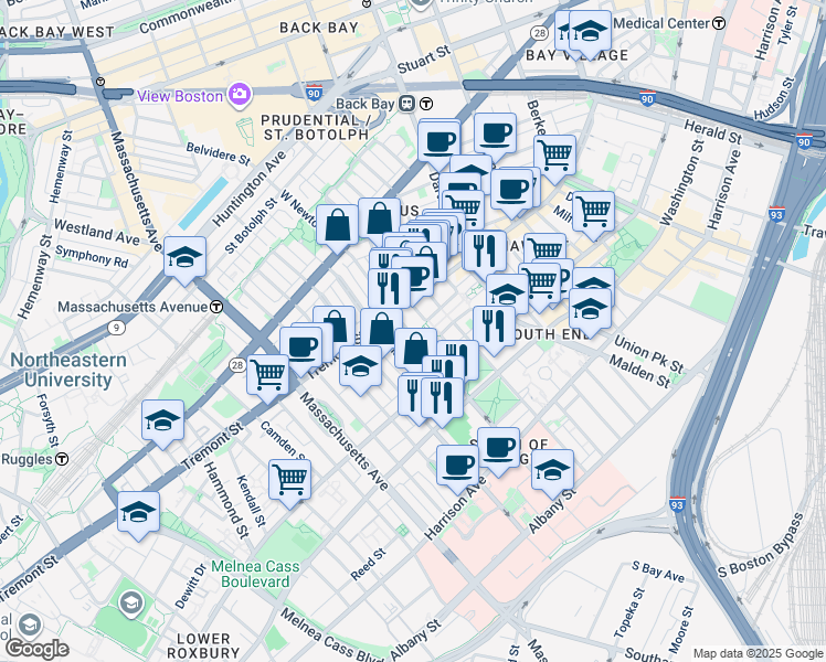 map of restaurants, bars, coffee shops, grocery stores, and more near 86 West Haven Street in Boston