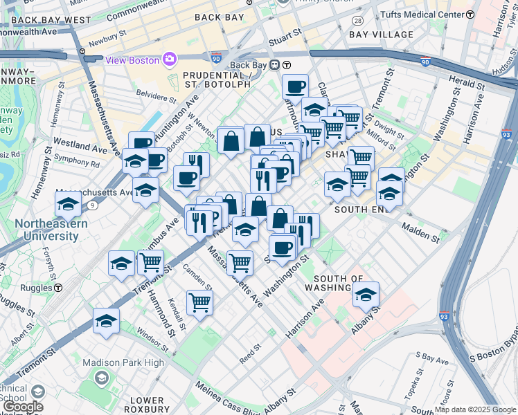 map of restaurants, bars, coffee shops, grocery stores, and more near 708 Tremont Street in Boston