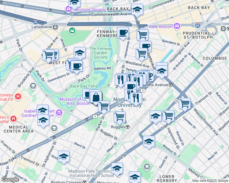 map of restaurants, bars, coffee shops, grocery stores, and more near 359 Huntington Avenue in Boston