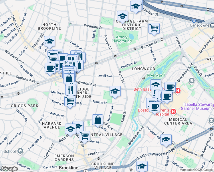 map of restaurants, bars, coffee shops, grocery stores, and more near 123 Longwood Avenue in Brookline