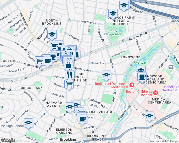 map of restaurants, bars, coffee shops, grocery stores, and more near 118 Saint Paul Street in Brookline