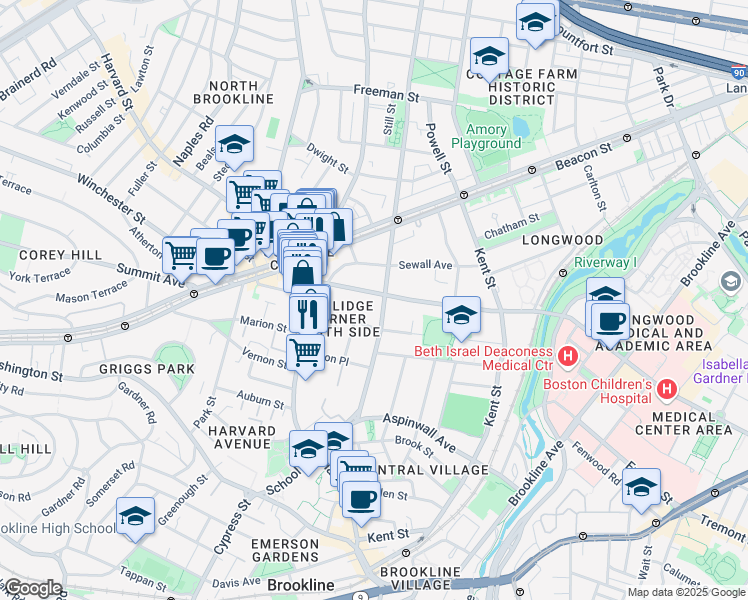 map of restaurants, bars, coffee shops, grocery stores, and more near 118 Saint Paul Street in Brookline