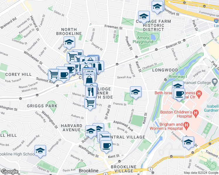 map of restaurants, bars, coffee shops, grocery stores, and more near 118 Saint Paul Street in Brookline