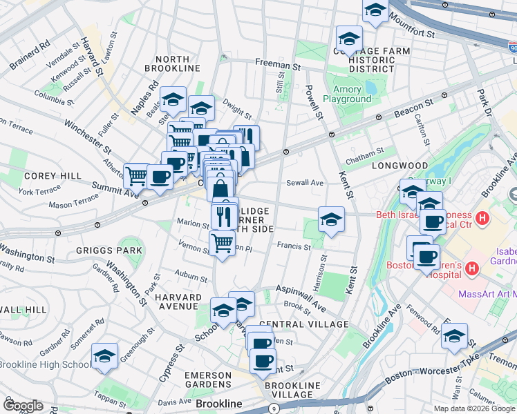 map of restaurants, bars, coffee shops, grocery stores, and more near 118 Saint Paul Street in Brookline