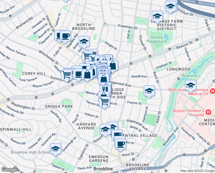 map of restaurants, bars, coffee shops, grocery stores, and more near in Brookline