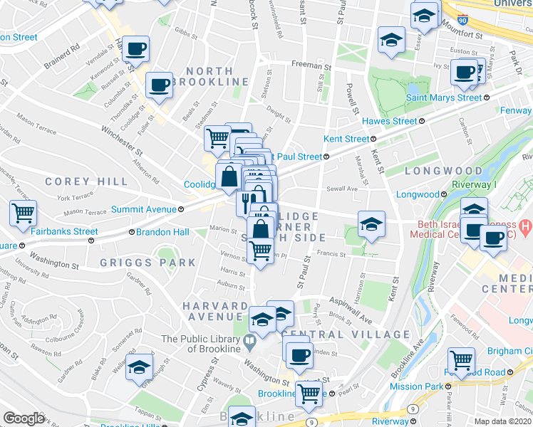 map of restaurants, bars, coffee shops, grocery stores, and more near in Brookline