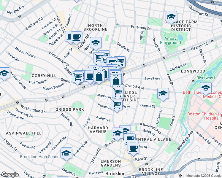 map of restaurants, bars, coffee shops, grocery stores, and more near in Brookline