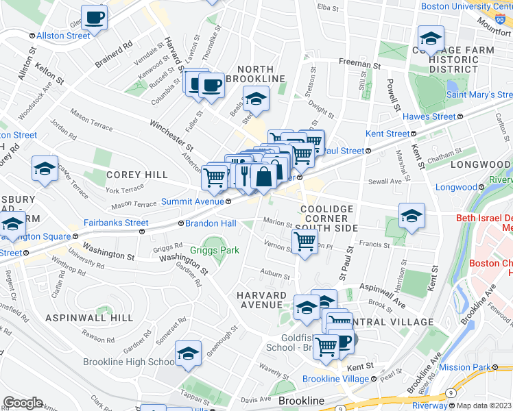 map of restaurants, bars, coffee shops, grocery stores, and more near in Brookline
