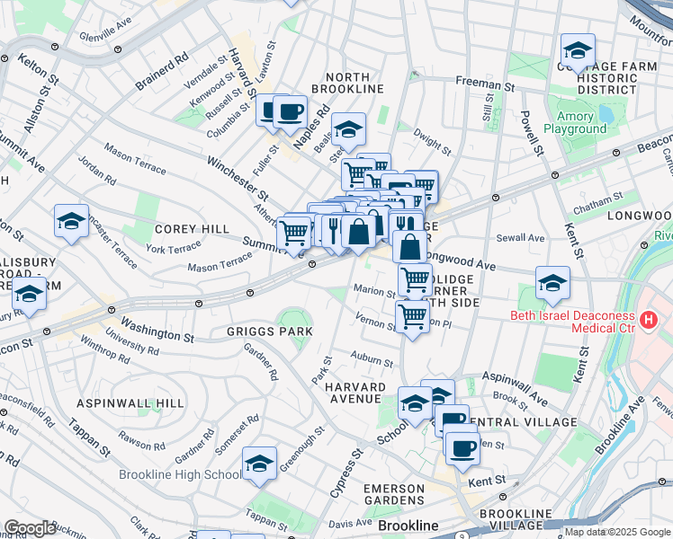 map of restaurants, bars, coffee shops, grocery stores, and more near in Brookline