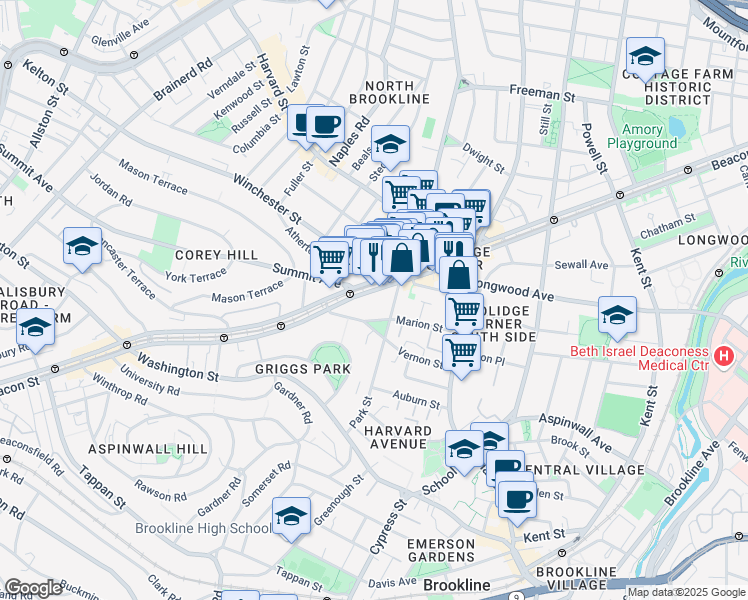 map of restaurants, bars, coffee shops, grocery stores, and more near in Brookline