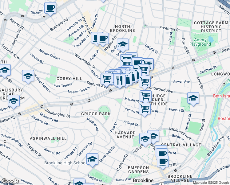 map of restaurants, bars, coffee shops, grocery stores, and more near 89 Marion Street in Brookline