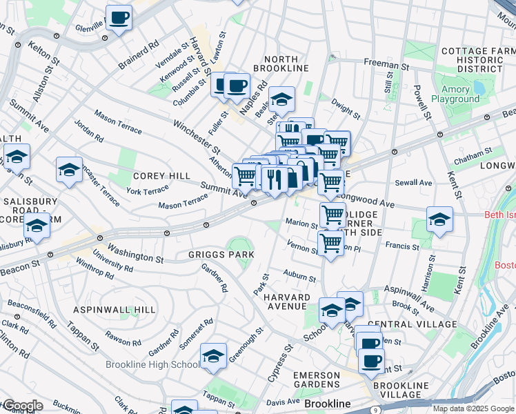 map of restaurants, bars, coffee shops, grocery stores, and more near 89 Marion Street in Brookline