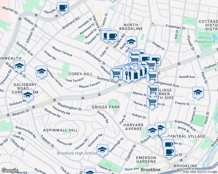 map of restaurants, bars, coffee shops, grocery stores, and more near 1443 Beacon Street in Brookline