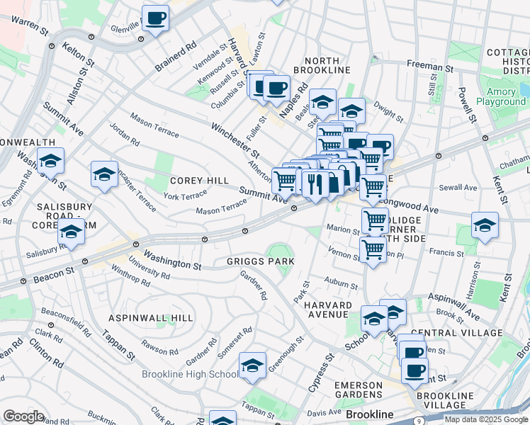 map of restaurants, bars, coffee shops, grocery stores, and more near 1443 Beacon Street in Brookline