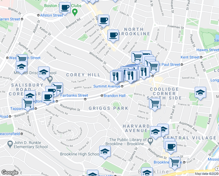 map of restaurants, bars, coffee shops, grocery stores, and more near 1443 Beacon Street in Brookline