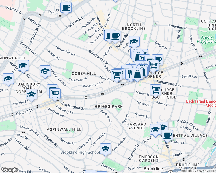 map of restaurants, bars, coffee shops, grocery stores, and more near 1476 Beacon Street in Brookline