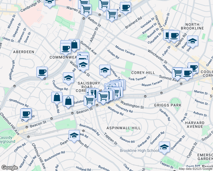 map of restaurants, bars, coffee shops, grocery stores, and more near 750 Washington Street in Brookline