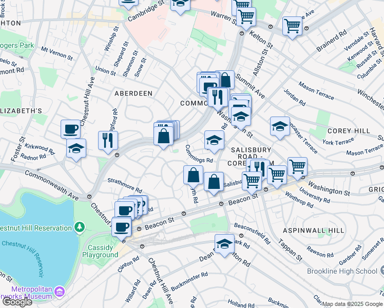 map of restaurants, bars, coffee shops, grocery stores, and more near 36 Cummings Road in Boston