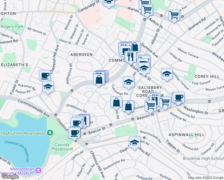 map of restaurants, bars, coffee shops, grocery stores, and more near 36 Cummings Road in Boston