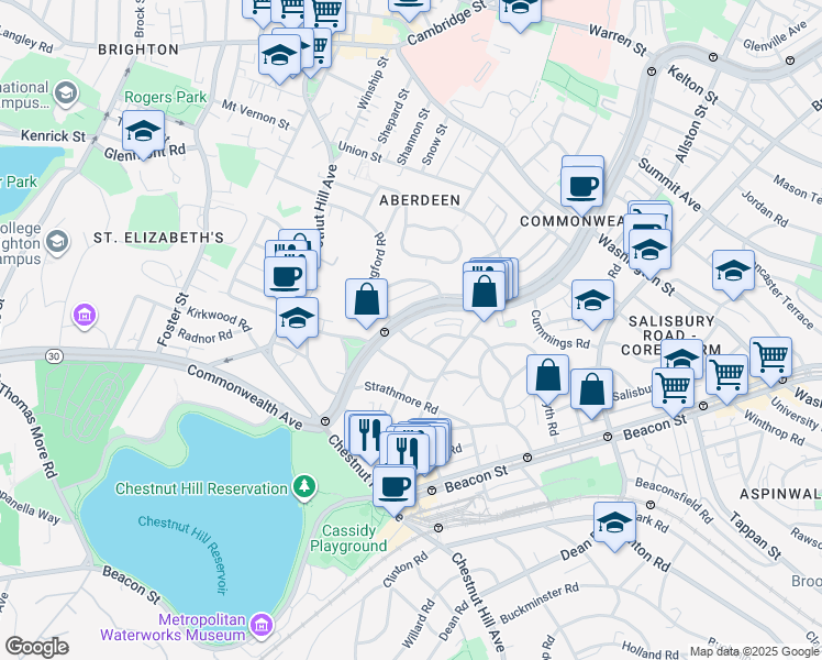 map of restaurants, bars, coffee shops, grocery stores, and more near 8 Kinross Road in Boston