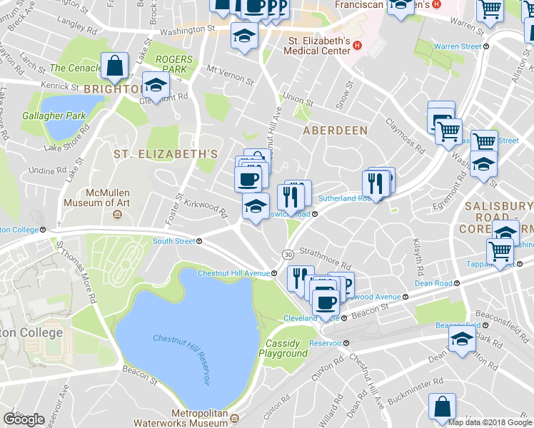 map of restaurants, bars, coffee shops, grocery stores, and more near 142 Chiswick Road in Boston