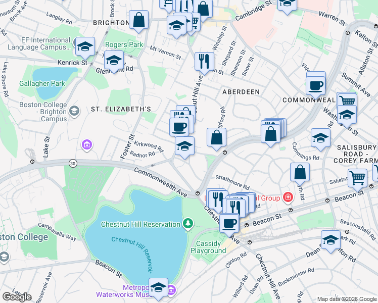map of restaurants, bars, coffee shops, grocery stores, and more near 186 Chestnut Hill Avenue in Boston