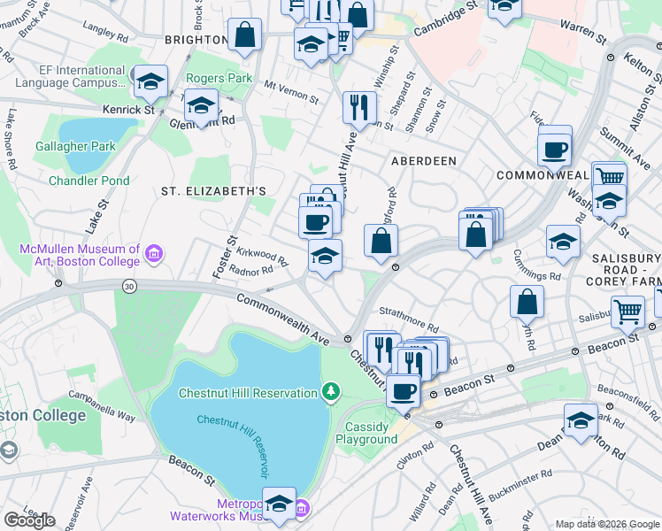 map of restaurants, bars, coffee shops, grocery stores, and more near 146 Chiswick Road in Boston