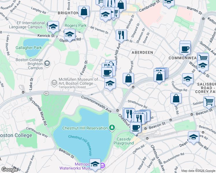 map of restaurants, bars, coffee shops, grocery stores, and more near 186 Chestnut Hill Avenue in Boston