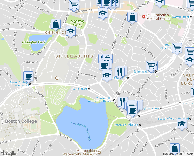 map of restaurants, bars, coffee shops, grocery stores, and more near 217 Chestnut Hill Avenue in Boston