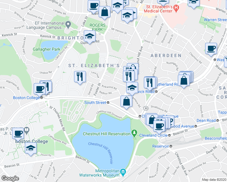map of restaurants, bars, coffee shops, grocery stores, and more near 49 Radnor Road in Boston