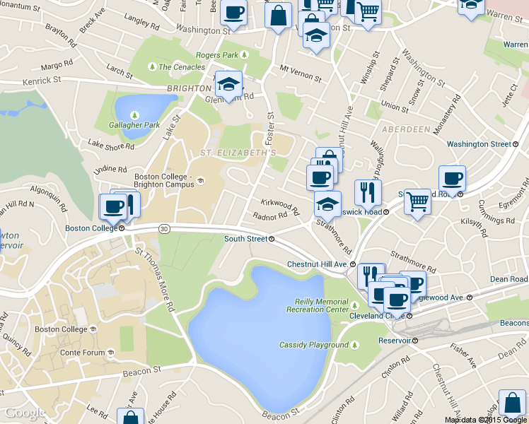 map of restaurants, bars, coffee shops, grocery stores, and more near 15 Radnor Road in Boston