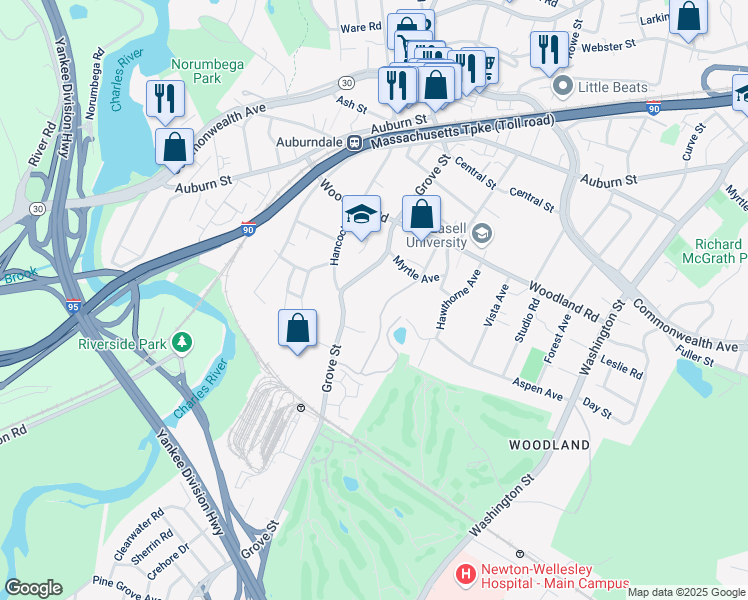 map of restaurants, bars, coffee shops, grocery stores, and more near 85 Seminary Avenue in Newton