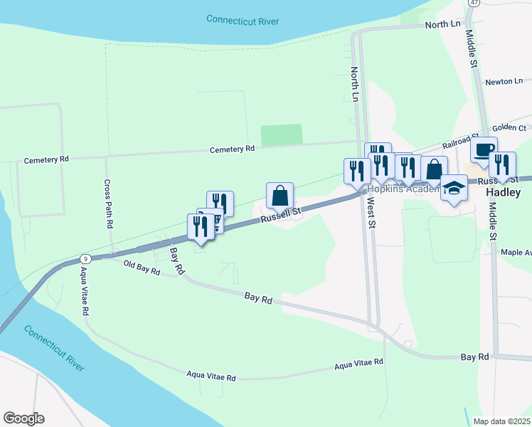 map of restaurants, bars, coffee shops, grocery stores, and more near 63 Russell Street in Hadley