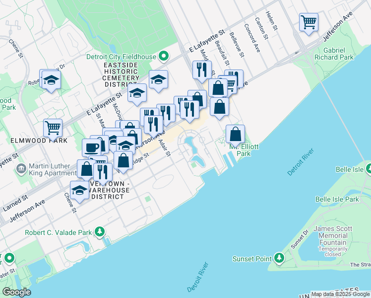 map of restaurants, bars, coffee shops, grocery stores, and more near 120 Main Sail Court in Detroit