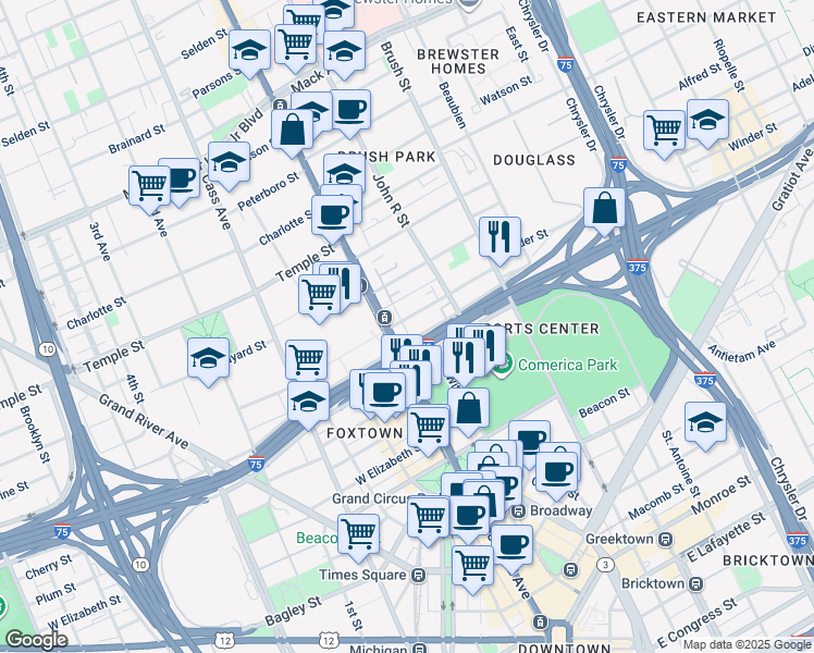map of restaurants, bars, coffee shops, grocery stores, and more near 66 Winder Street in Detroit