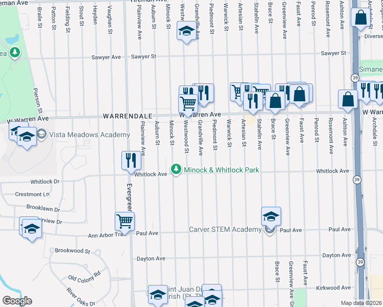 map of restaurants, bars, coffee shops, grocery stores, and more near 6761 Westwood Street in Detroit